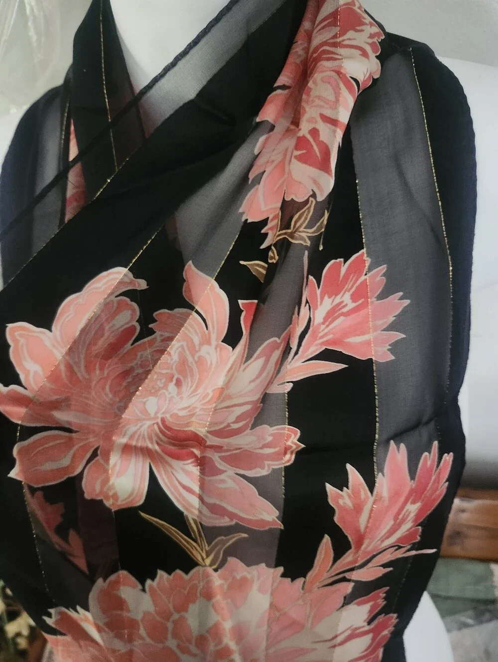 Vtg Sheer Black Floral Silk Scarf with Pink Bloom Print